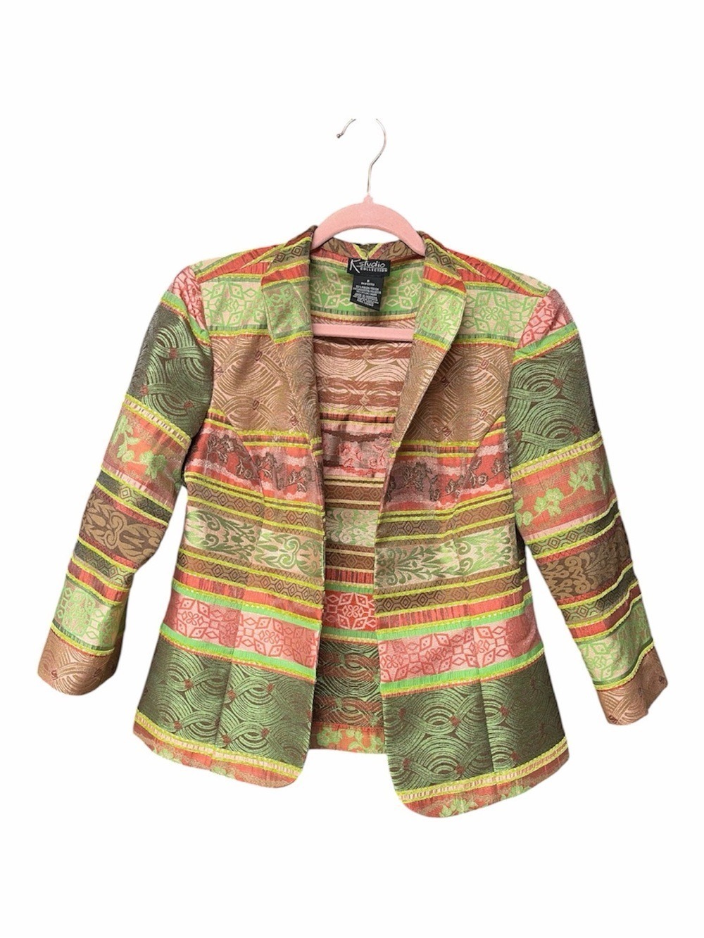 K Studio Collection Striped Jacquard Open-Front Blazer in Green and Coral - Picture 2 of 7